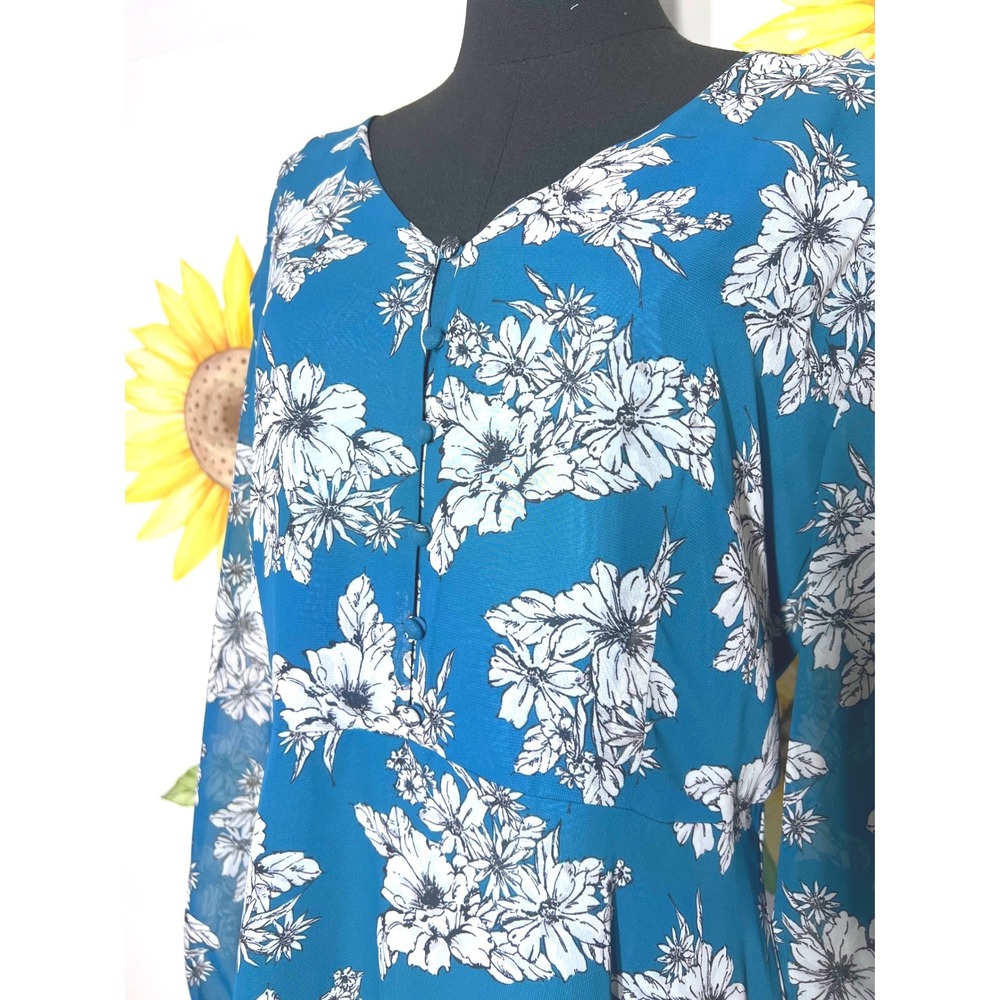 Ann Taylor Teal Blue Floral V-Neck Midi Dress Long Sleeve Size 12 - Picture 2 of 6